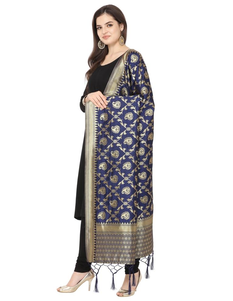 Enchanting Navy Blue Coloured Poly Silk Jacquard Banarasi Dupatta | Sudathi