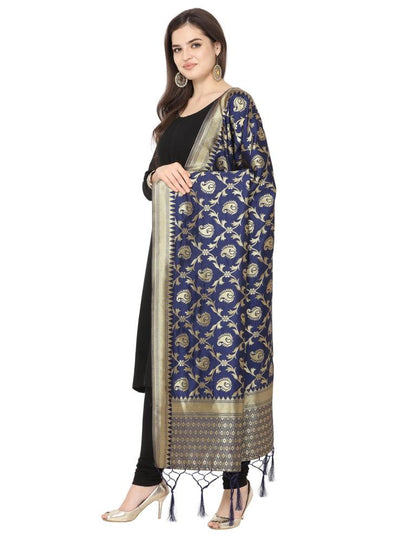 Enchanting Navy Blue Coloured Poly Silk Jacquard Banarasi Dupatta | Sudathi