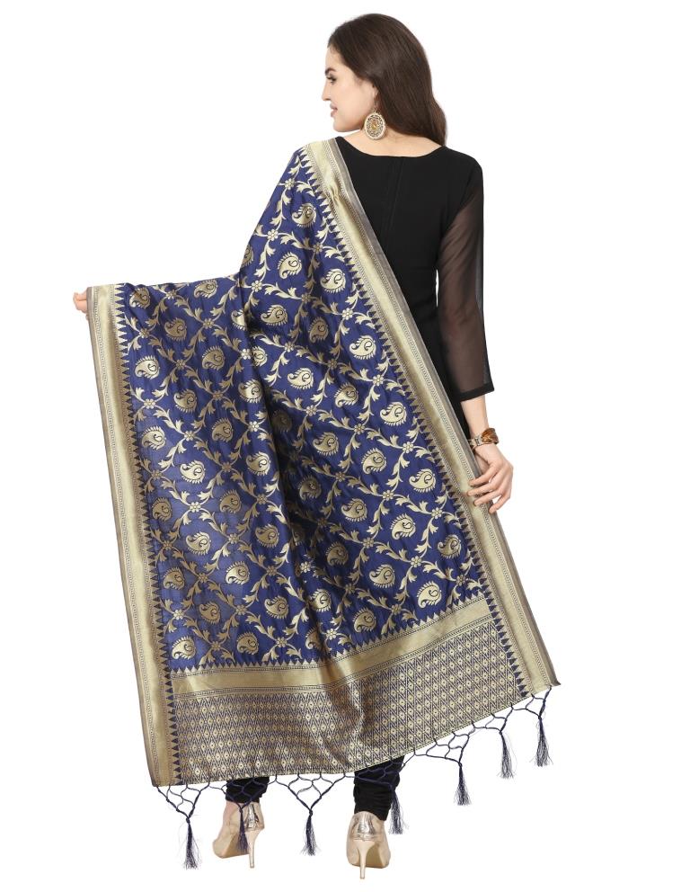 Enchanting Navy Blue Coloured Poly Silk Jacquard Banarasi Dupatta | Sudathi