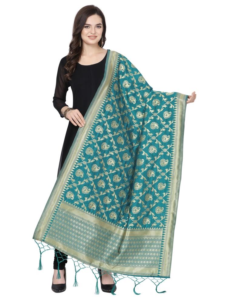 Gleaming
 Turquoise Coloured Poly Silk Jacquard Banarasi Dupatta | Sudathi