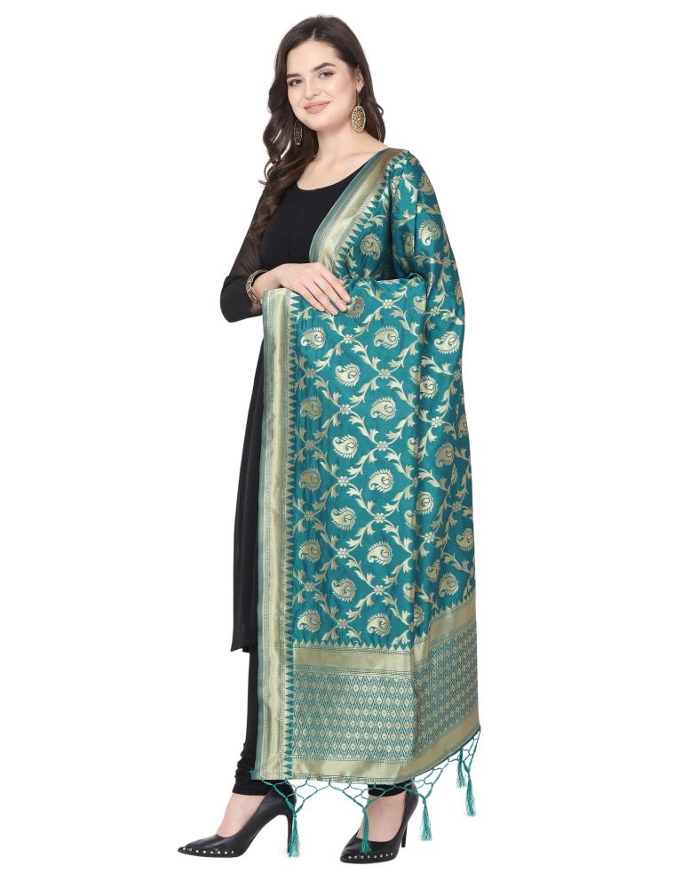 Gleaming
 Turquoise Coloured Poly Silk Jacquard Banarasi Dupatta | Sudathi