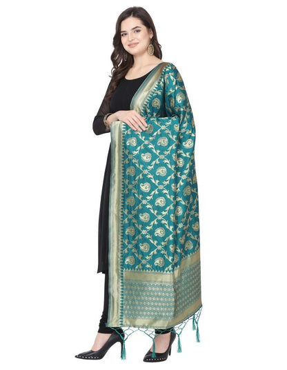 Gleaming
 Turquoise Coloured Poly Silk Jacquard Banarasi Dupatta | Sudathi