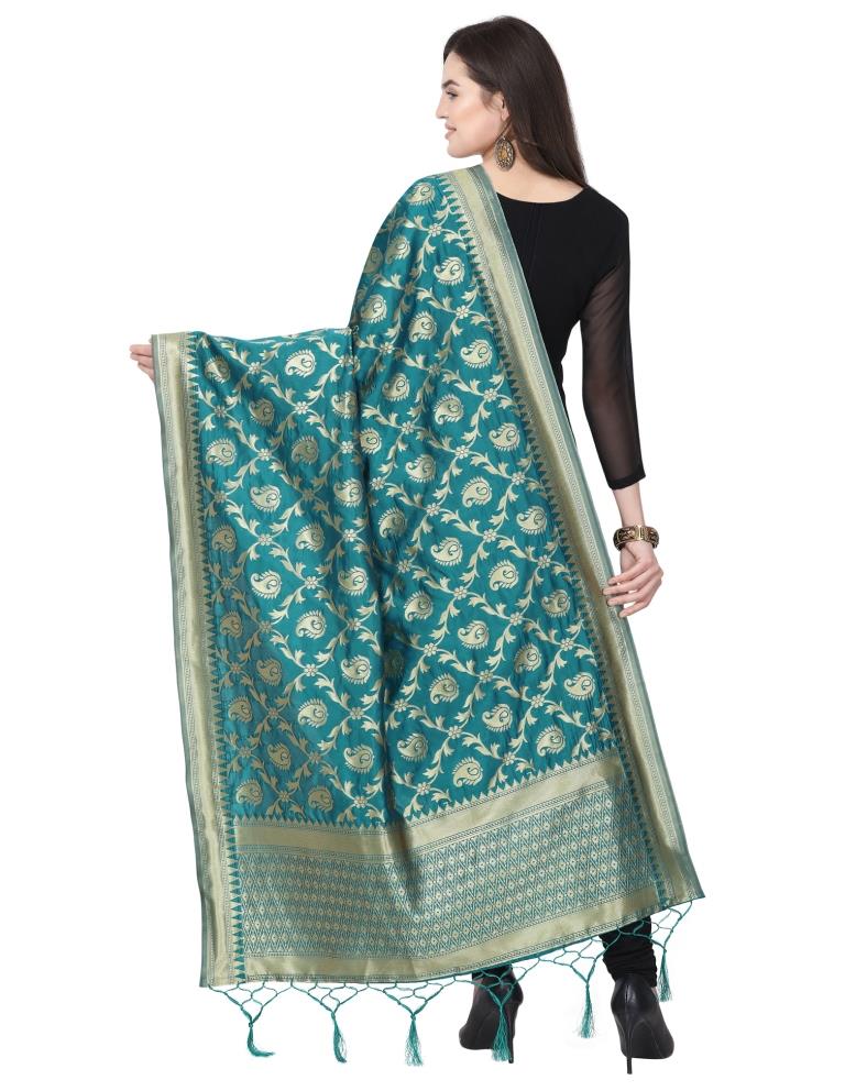 Gleaming
 Turquoise Coloured Poly Silk Jacquard Banarasi Dupatta | Sudathi