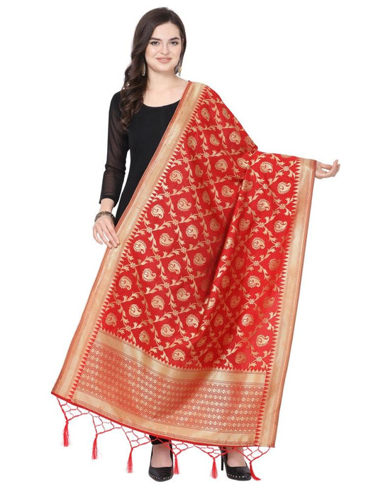 Lustrous Red Coloured Poly Silk Jacquard Banarasi Dupatta | Sudathi