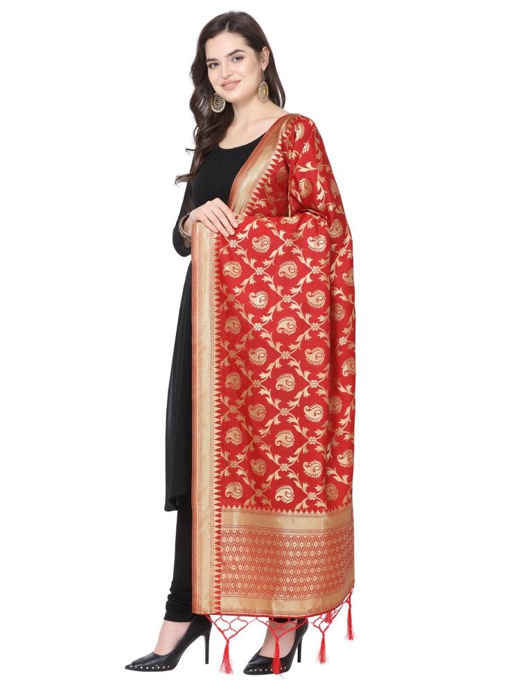 Lustrous Red Coloured Poly Silk Jacquard Banarasi Dupatta | Sudathi