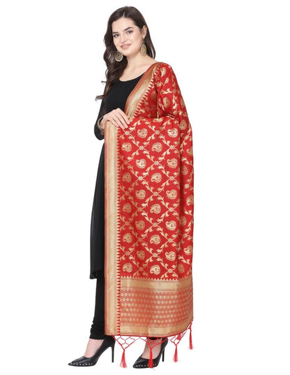 Lustrous Red Coloured Poly Silk Jacquard Banarasi Dupatta | Sudathi