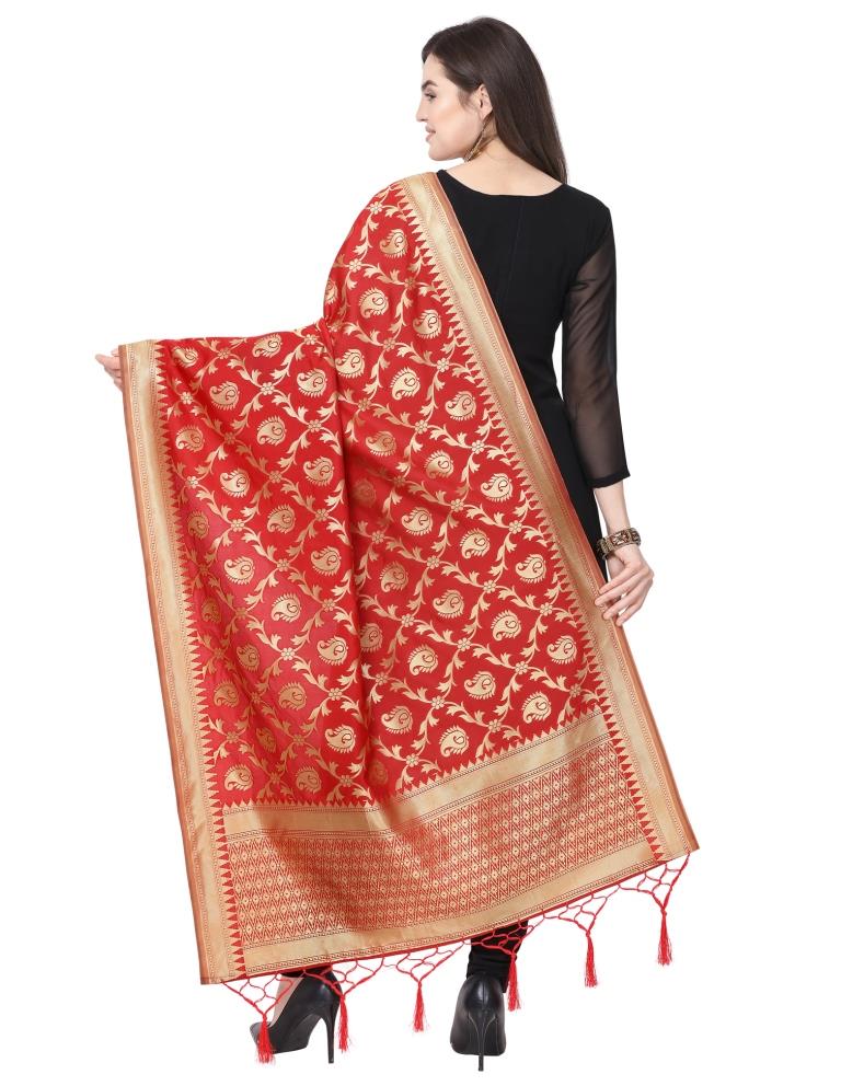 Lustrous Red Coloured Poly Silk Jacquard Banarasi Dupatta | Sudathi