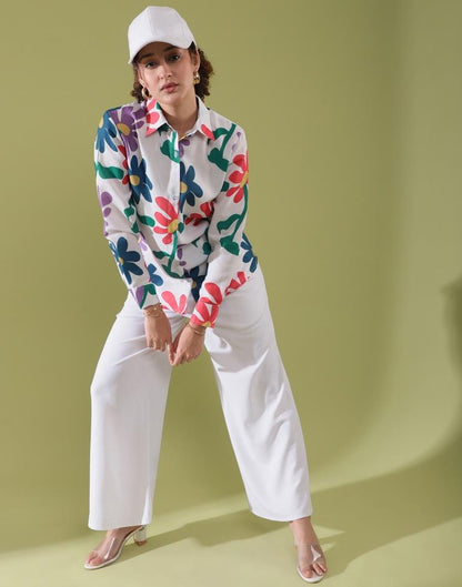 White Cotton Printed Shirt