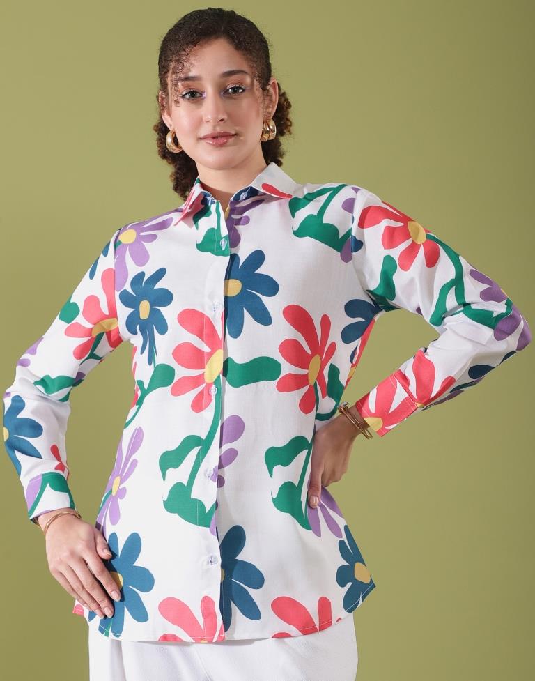 White Cotton Printed Shirt