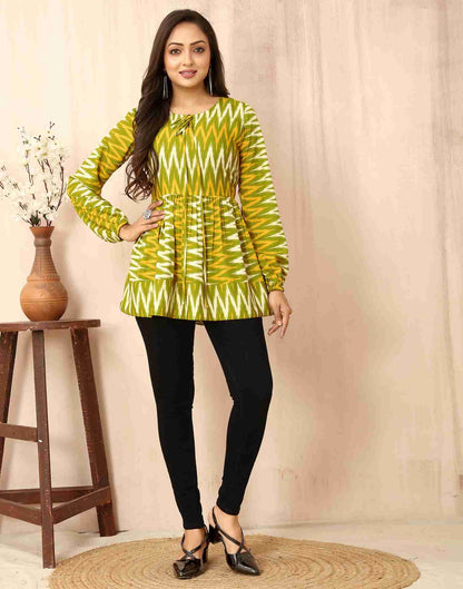 Olive Green Polyester Printed Tunic Top