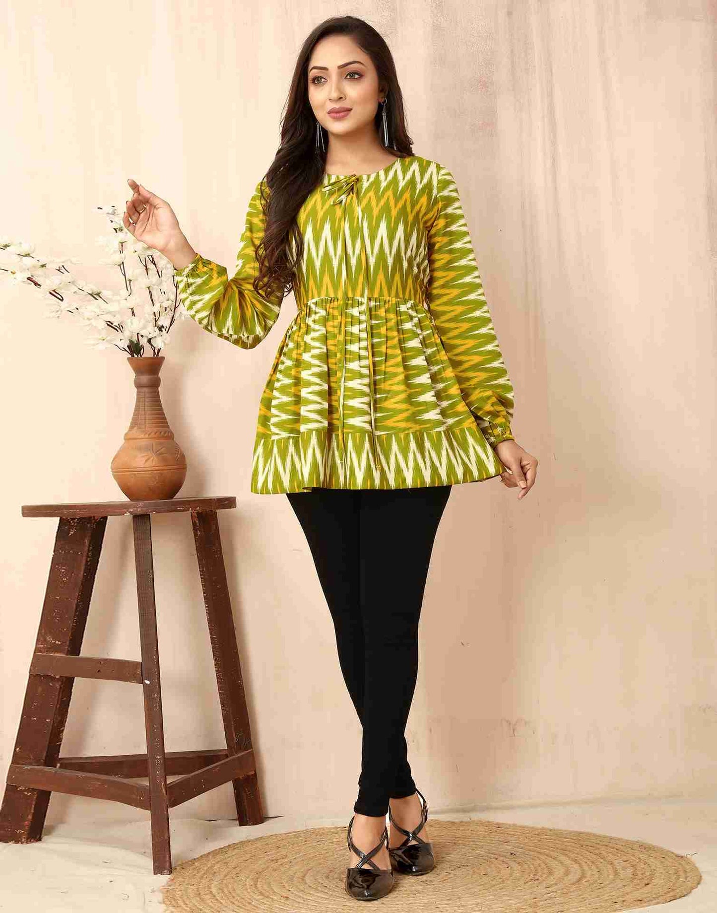 Olive Green Polyester Printed Tunic Top