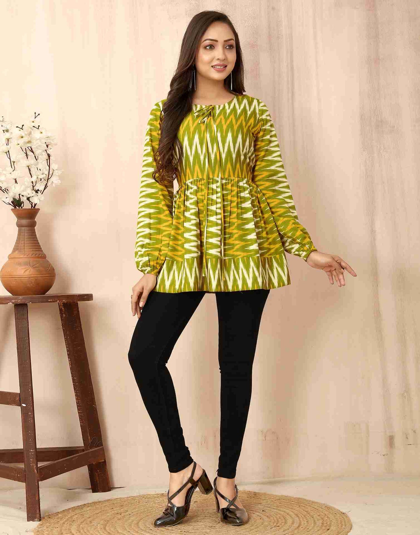 Olive Green Polyester Printed Tunic Top