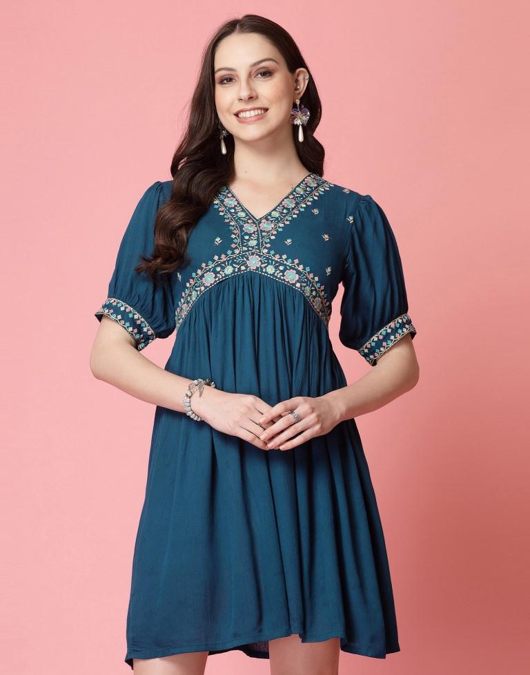 Teal Blue Rayon Embroidery Flared Dress