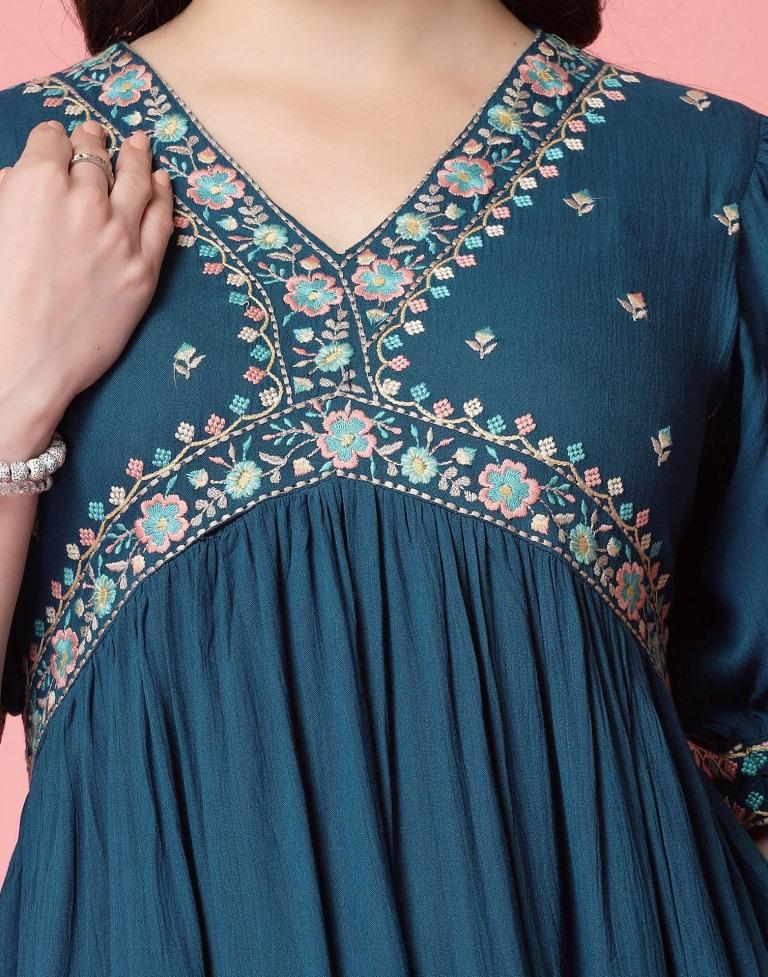 Teal Blue Rayon Embroidery Flared Dress