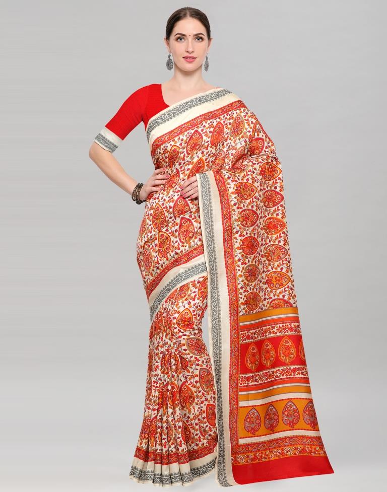 Off White Coloured Terylene Printed Partywear Saree | Sudathi