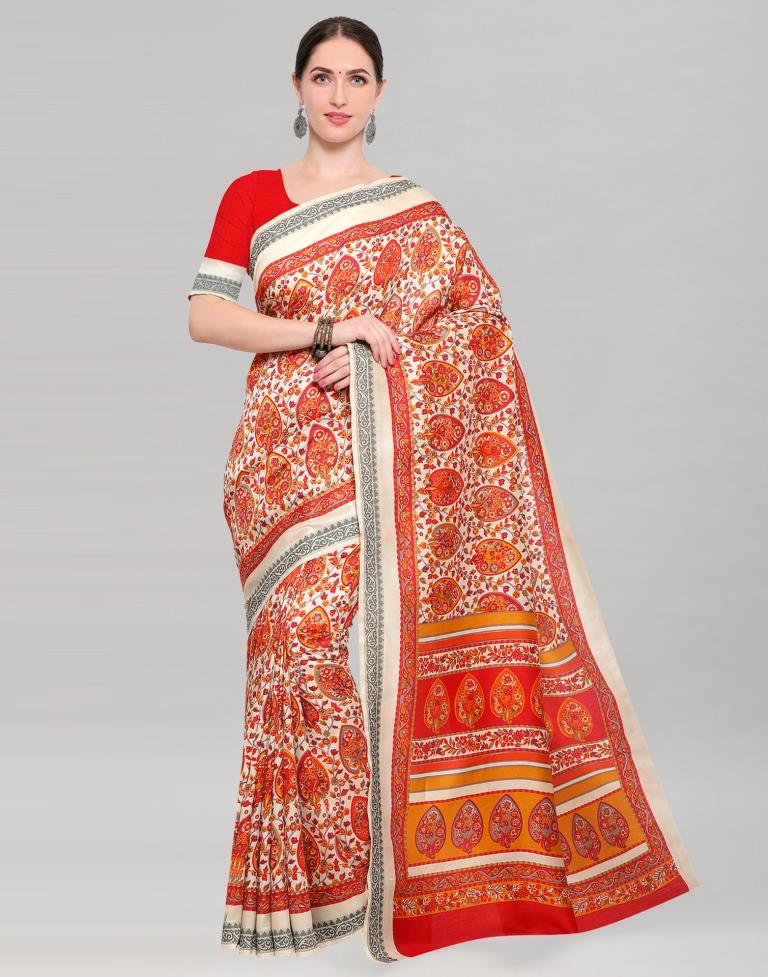 Off White Coloured Terylene Printed Partywear Saree | Sudathi