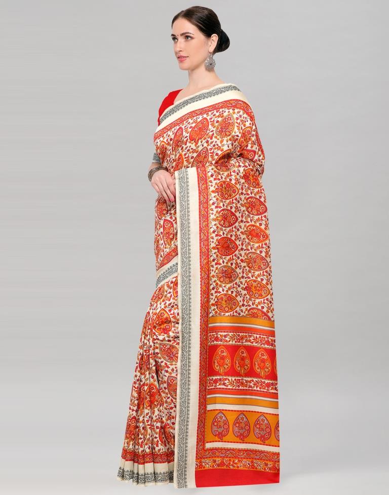 Off White Coloured Terylene Printed Partywear Saree | Sudathi