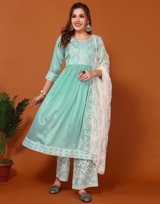 Sea Green Embroidered Kurta With Pant And Dupatta