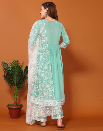 Sea Green Embroidered Kurta With Pant And Dupatta