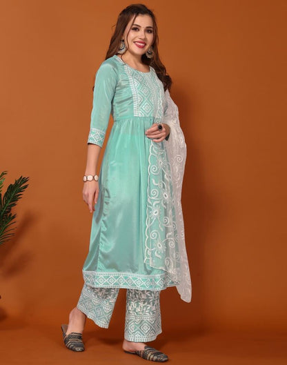 Sea Green Embroidered Kurta With Pant And Dupatta