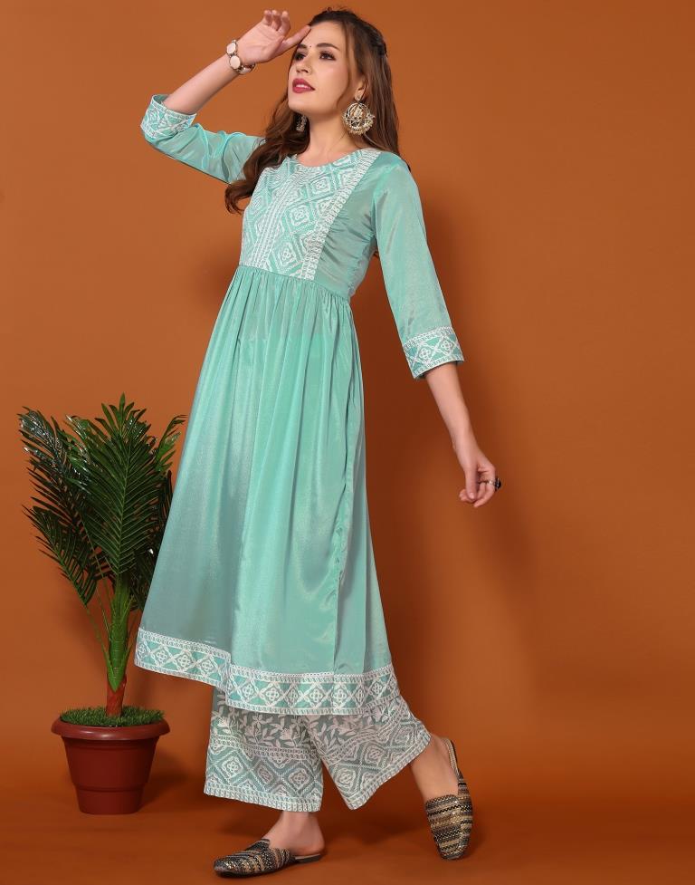 Sea Green Embroidered Kurta With Pant And Dupatta