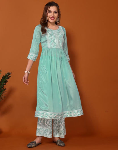 Sea Green Embroidered Kurta With Pant And Dupatta