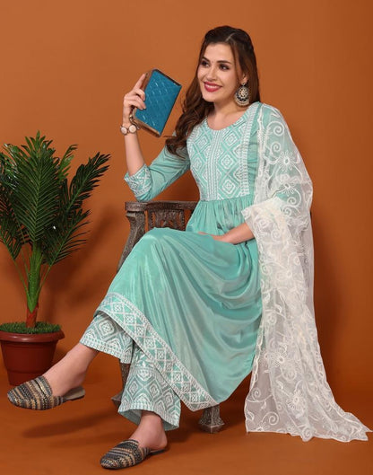 Sea Green Embroidered Kurta With Pant And Dupatta