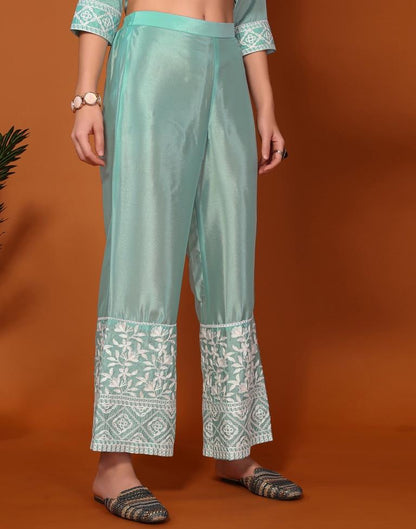 Sea Green Embroidered Kurta With Pant And Dupatta