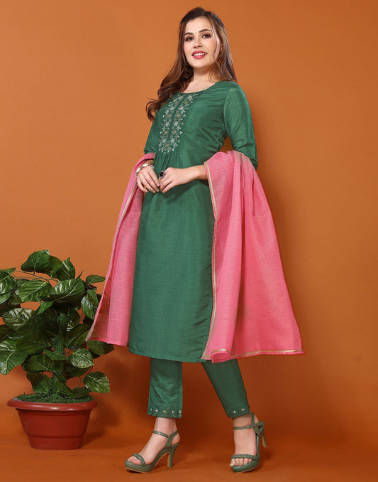 Green Plain Chinnon Straight Kurta With Pant And Dupatta