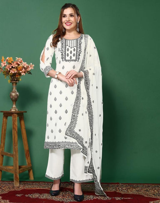 White Cotton Embroidery Straight Kurta Kurti With Pant And Dupatta | Leemboodi