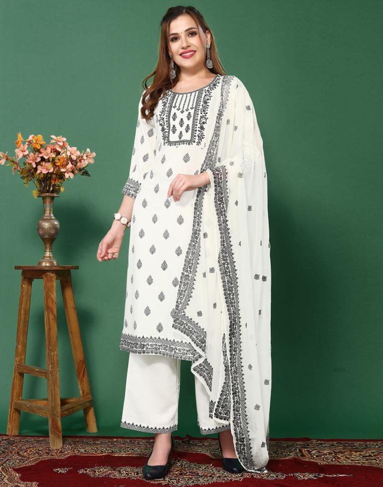 White Cotton Embroidery Straight Kurta Kurti With Pant And Dupatta | Leemboodi