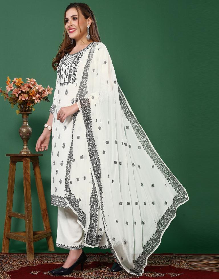 White Cotton Embroidery Straight Kurta Kurti With Pant And Dupatta | Leemboodi