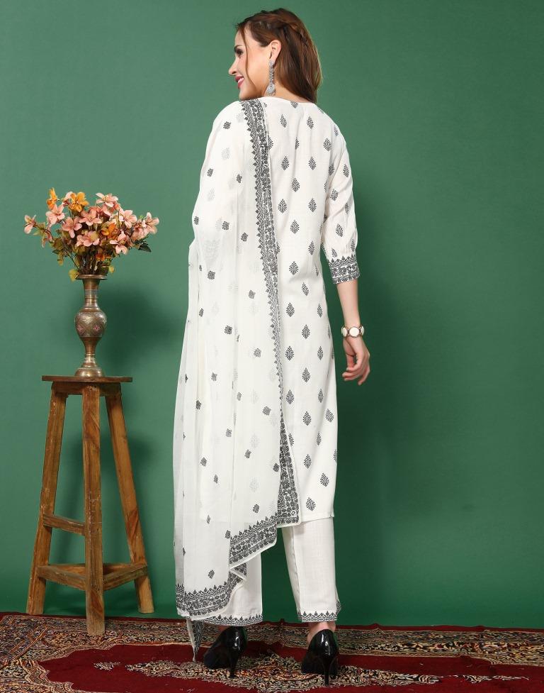 White Cotton Embroidery Straight Kurta Kurti With Pant And Dupatta | Leemboodi