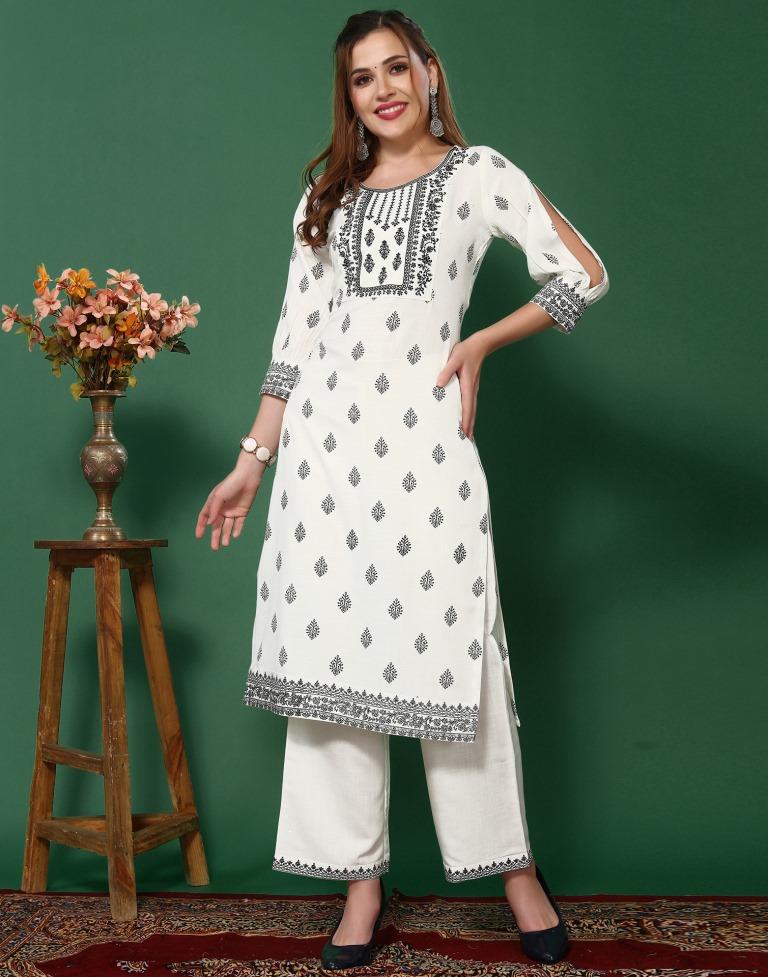 White Cotton Embroidery Straight Kurta Kurti With Pant And Dupatta | Leemboodi