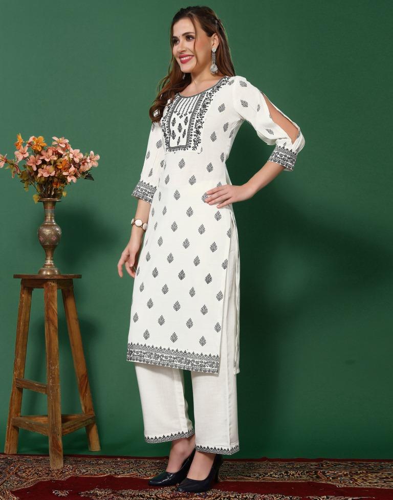 White Cotton Embroidery Straight Kurta Kurti With Pant And Dupatta | Leemboodi
