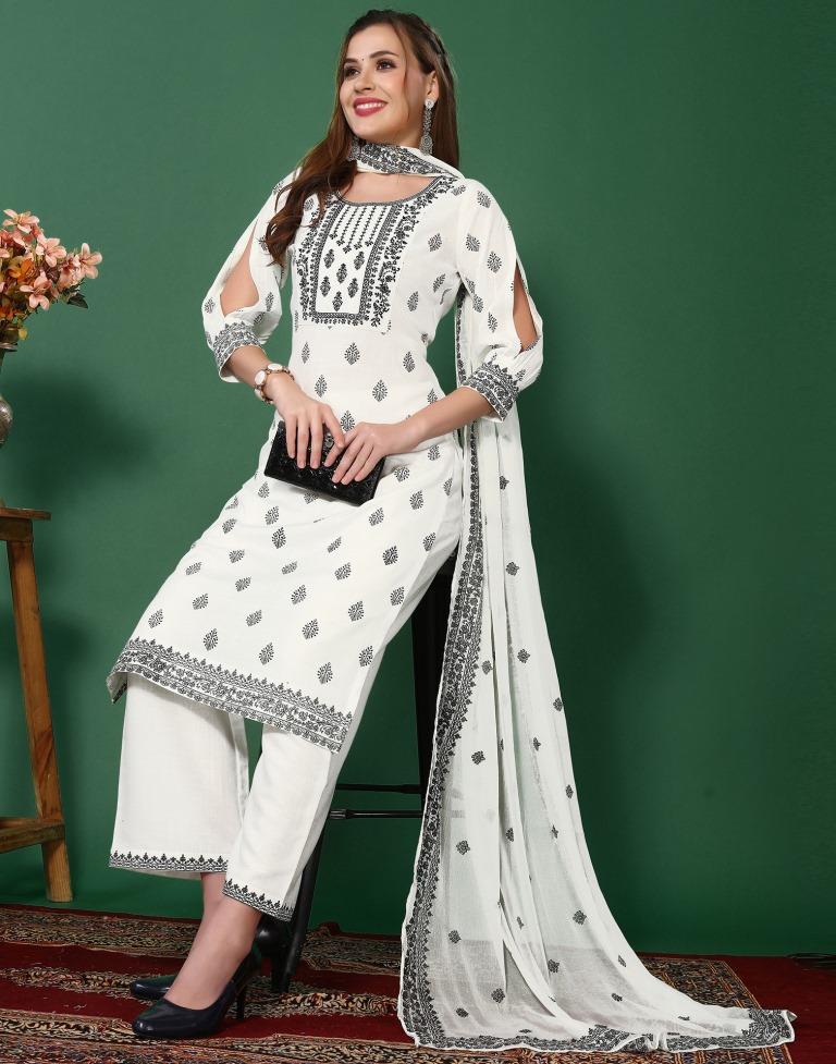 White Cotton Embroidery Straight Kurta Kurti With Pant And Dupatta | Leemboodi
