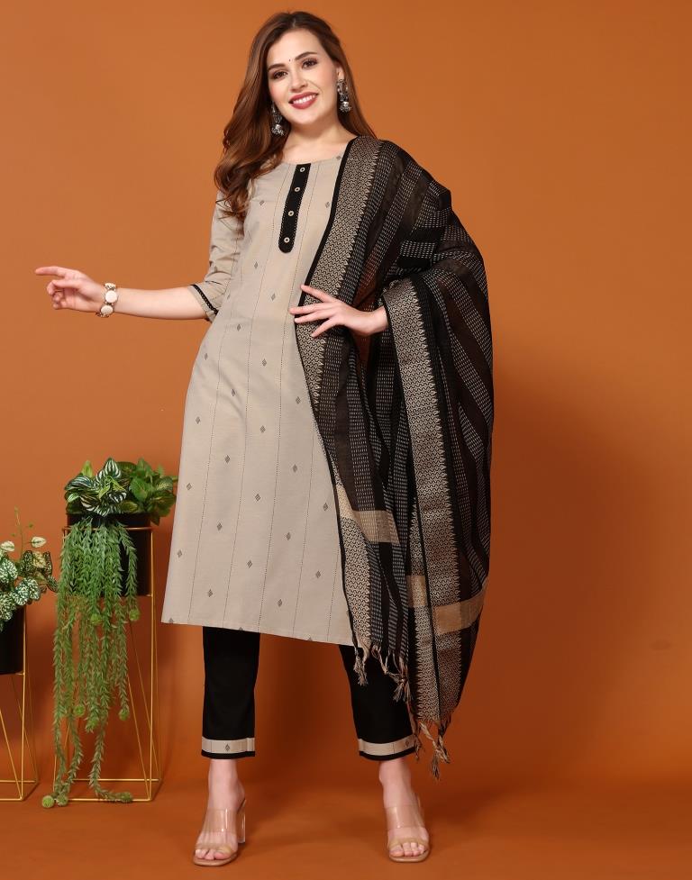 Beige Weaved Kurta With Pant And Dupatta