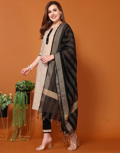 Beige Weaved Kurta With Pant And Dupatta