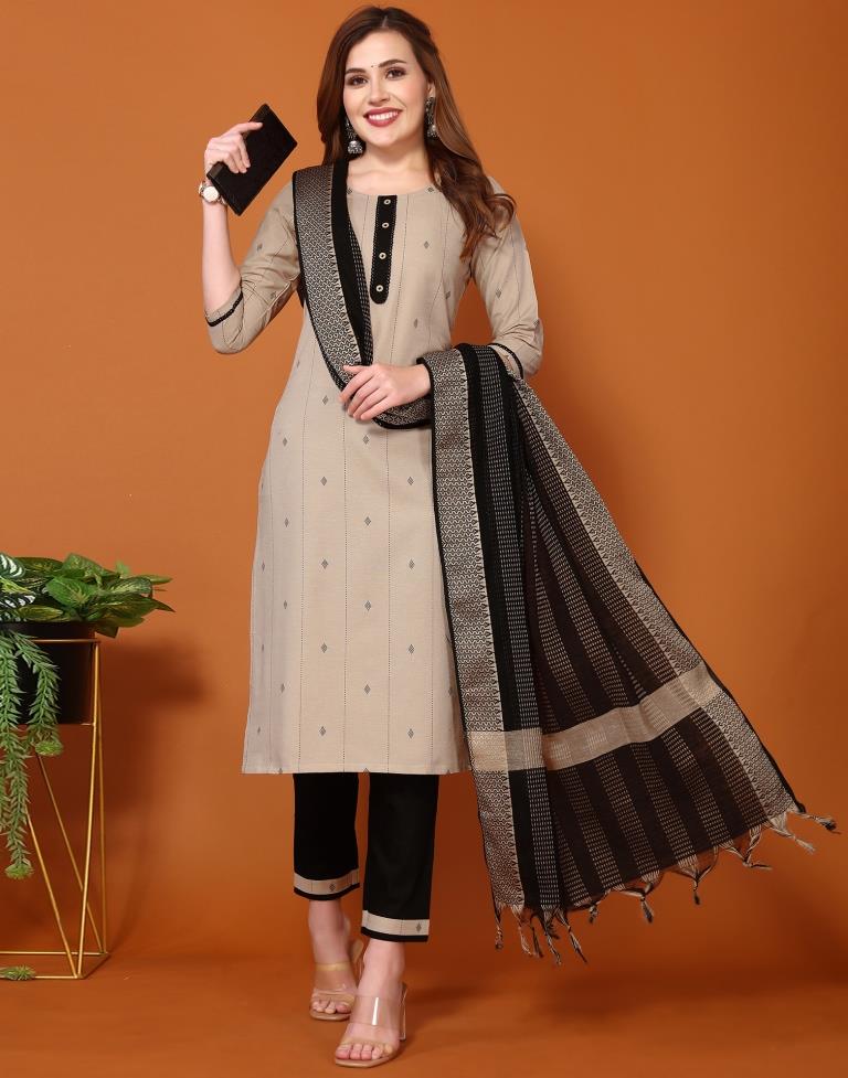 Beige Weaved Kurta With Pant And Dupatta