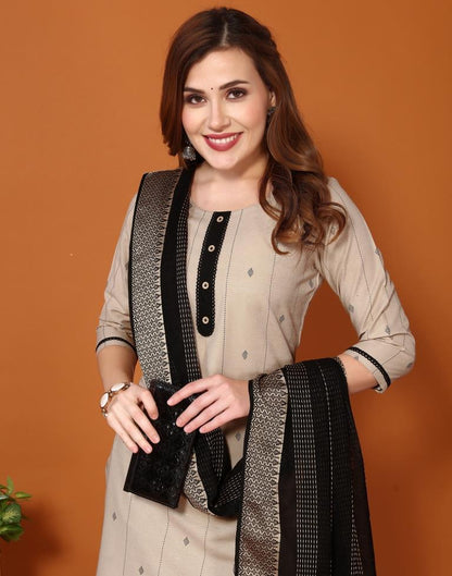 Beige Weaved Kurta With Pant And Dupatta