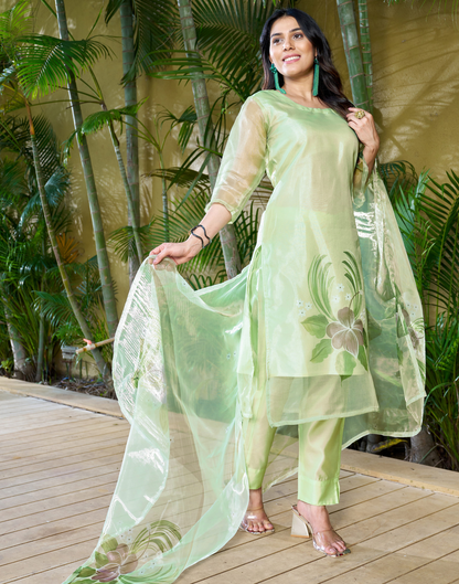 Pastel Green Organza Kurta With Pant And Dupatta