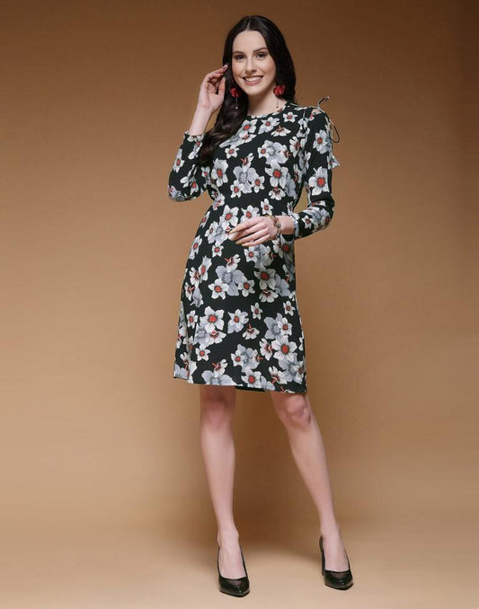 Black Viscose Printed A-Line Dress