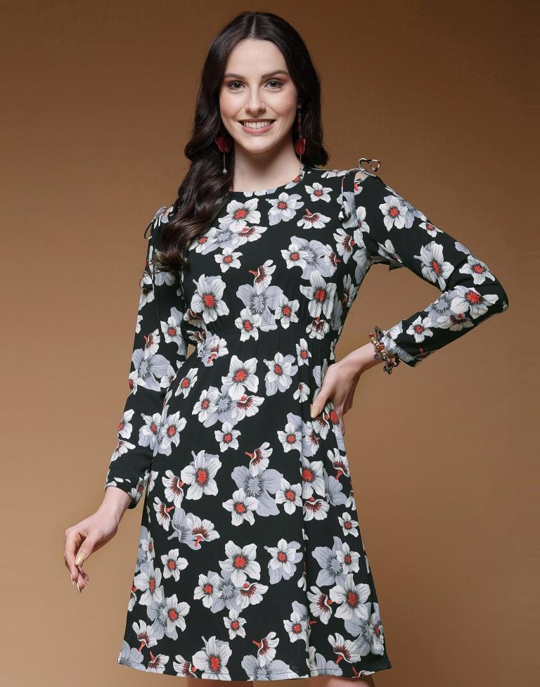 Black Viscose Printed A-Line Dress