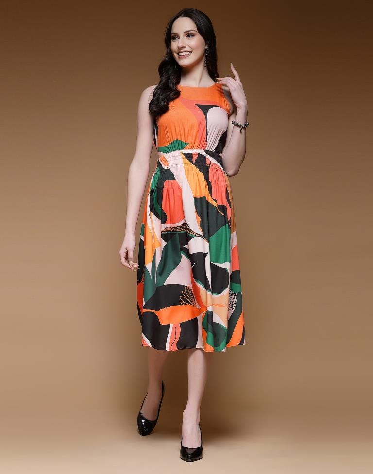 Orange Crepe Printed Straight Dress