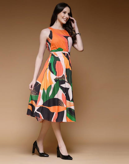 Orange Crepe Printed Straight Dress