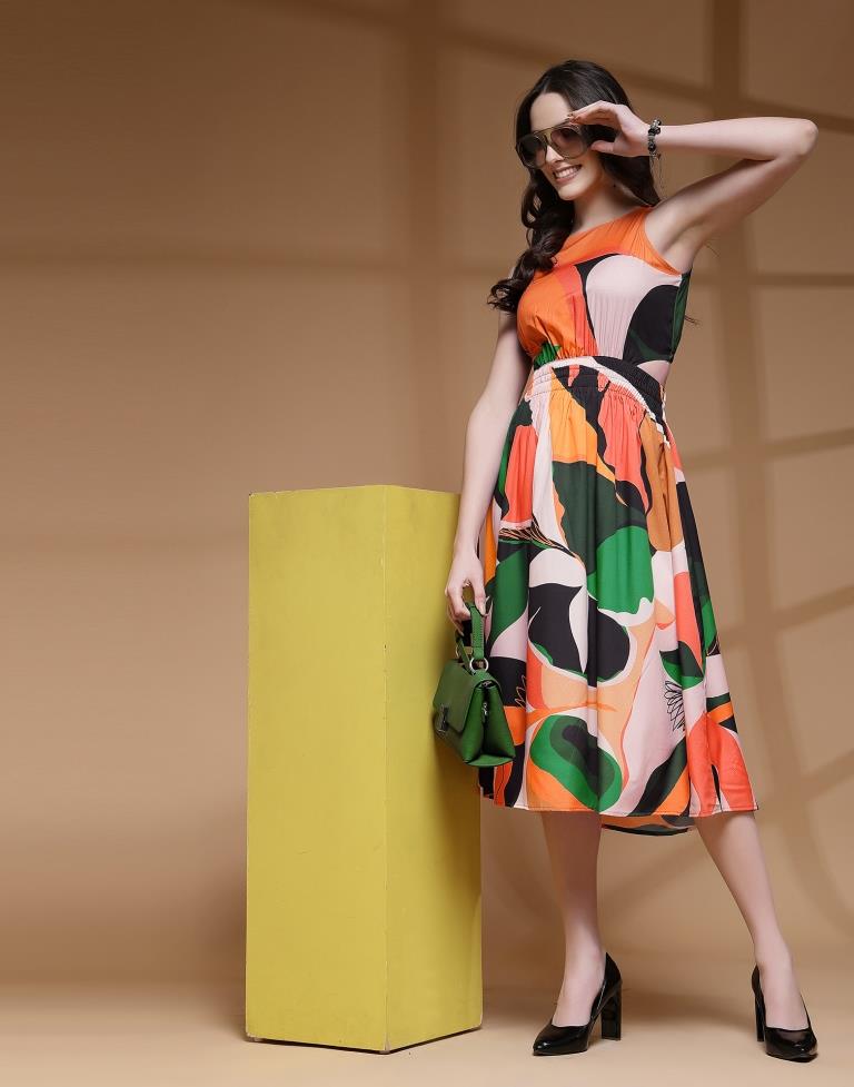 Orange Crepe Printed Straight Dress