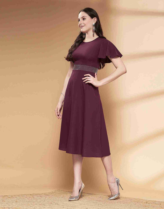 Wine Polyester Plain Dress