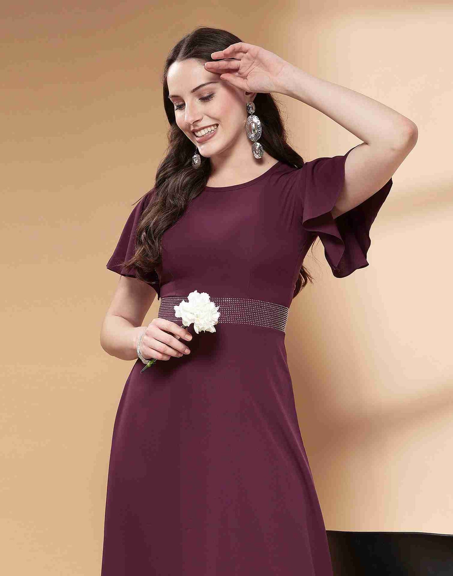 Wine Polyester Plain Dress