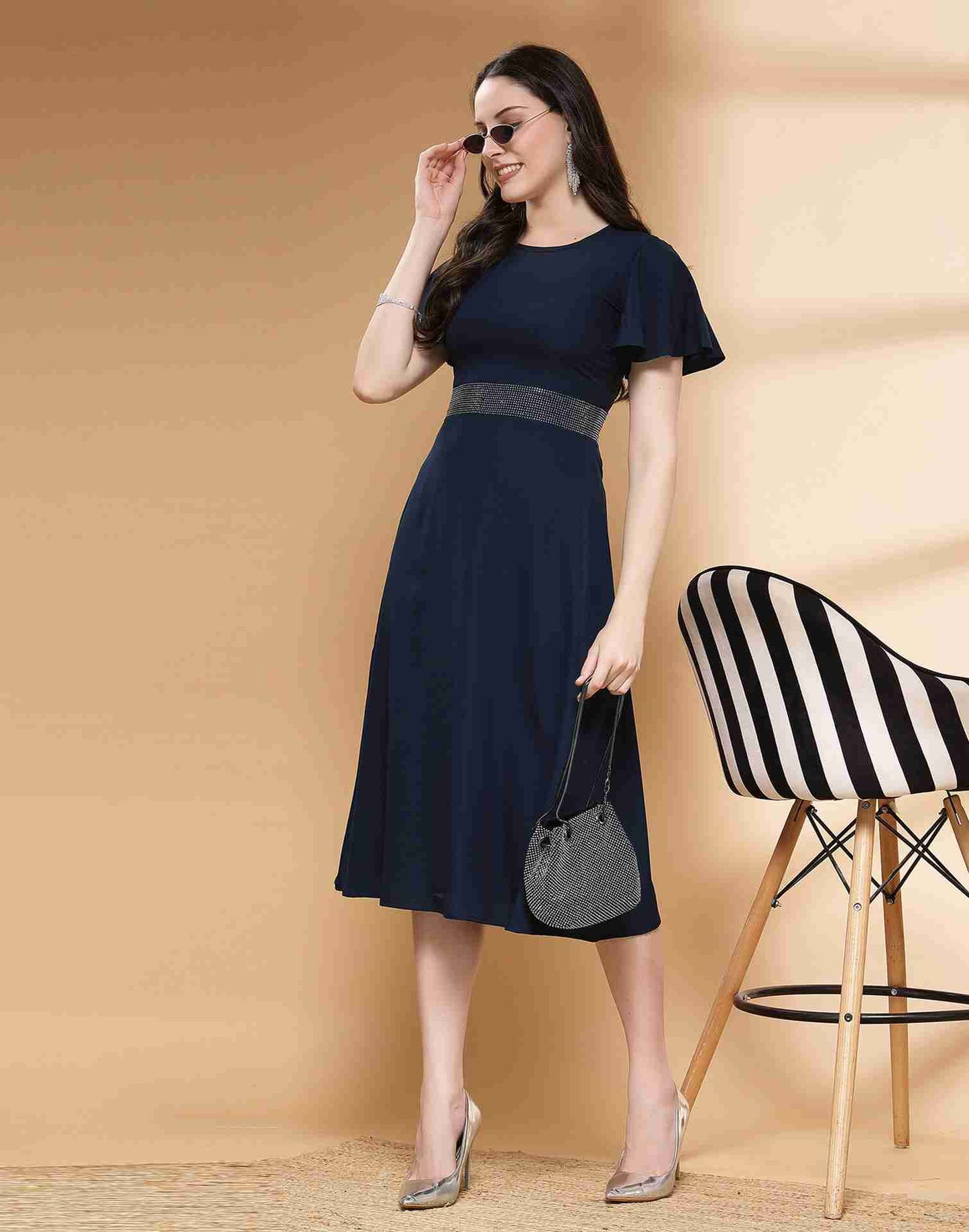 Blue Polyester Plain Dress