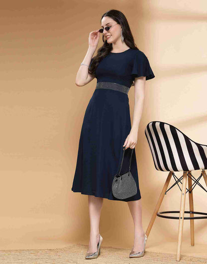 Blue Polyester Plain Dress